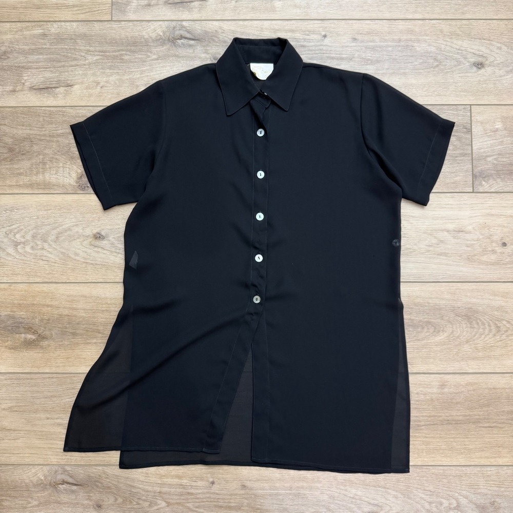La Palapa Black Sheer Longline Button Front Shirt Mother of Pearl Small Coverup